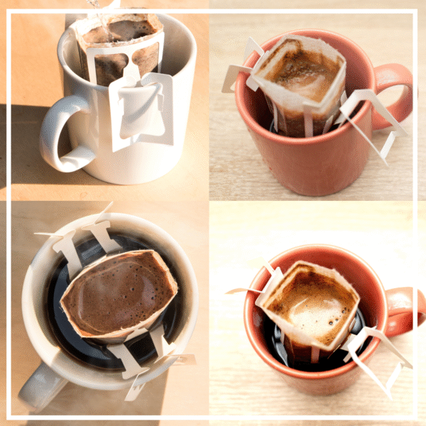 drip coffee bags and grounds in coffee
